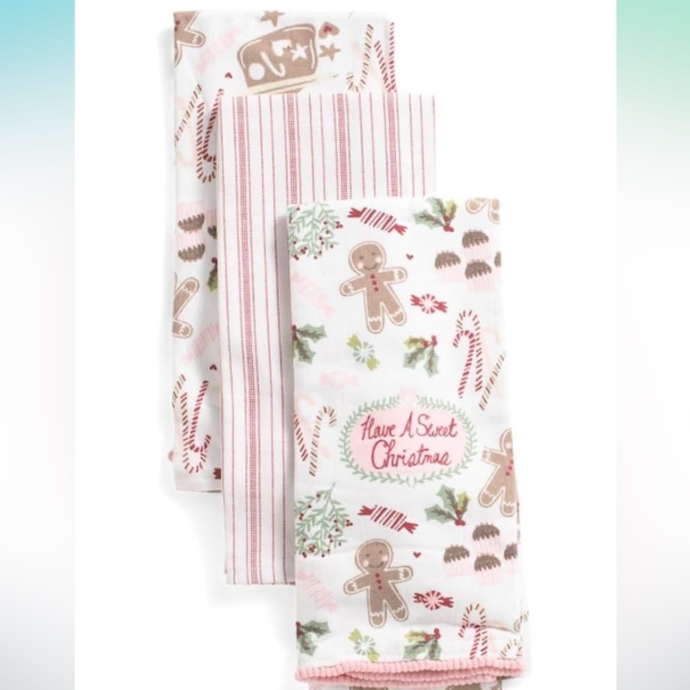 NEW SHABBY CHIC Set of 3 “Have A Sweet Christmas” Gingerbread Dishtowels